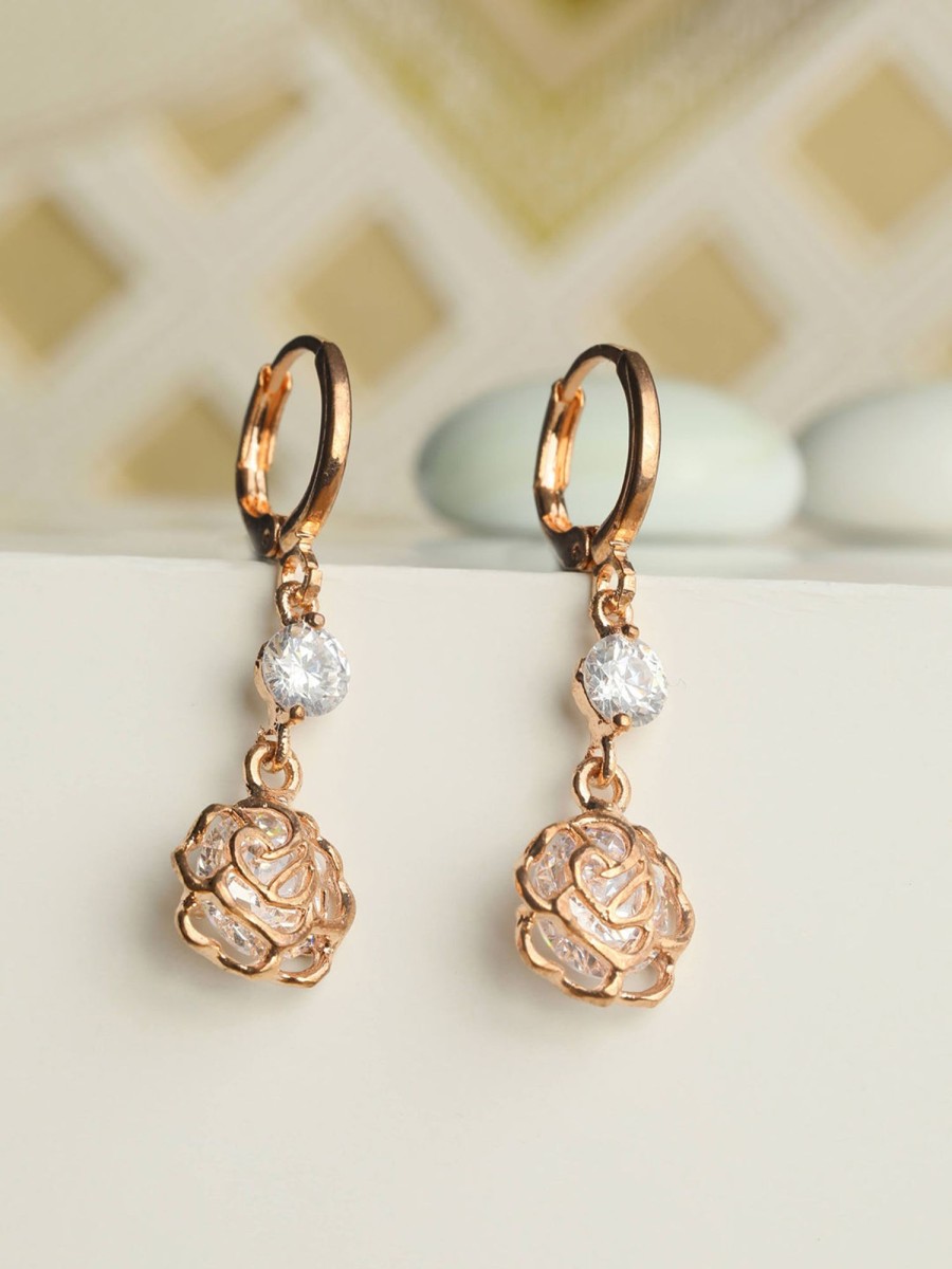 Jewellery Priyaasi | Women'S American Diamond Studded Rose Gold Rose Drop Earring - Priyaasi