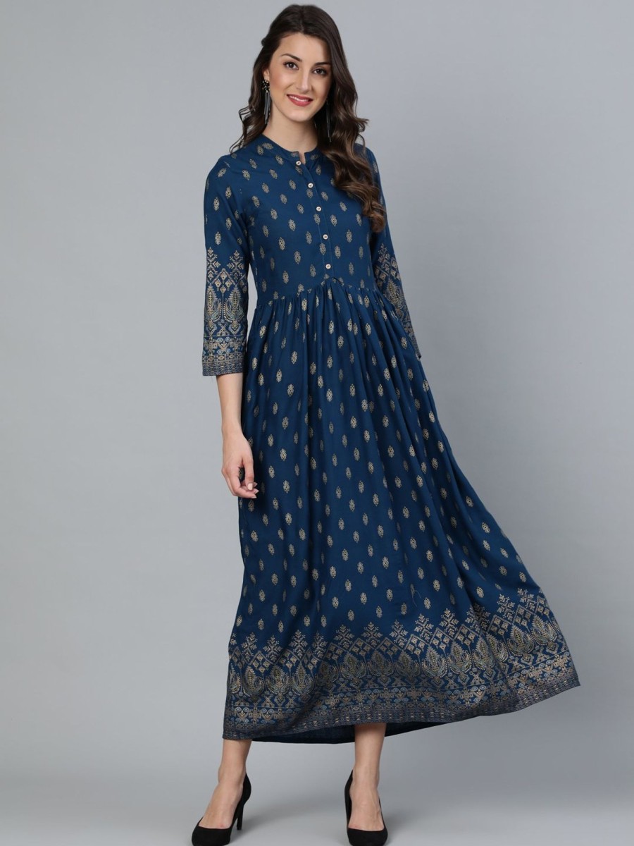 Women Final Clearance Sale | Women'S Teal Blue Printed Maxi Dress With Three Quarter Sleeves - Final Clearance Sale