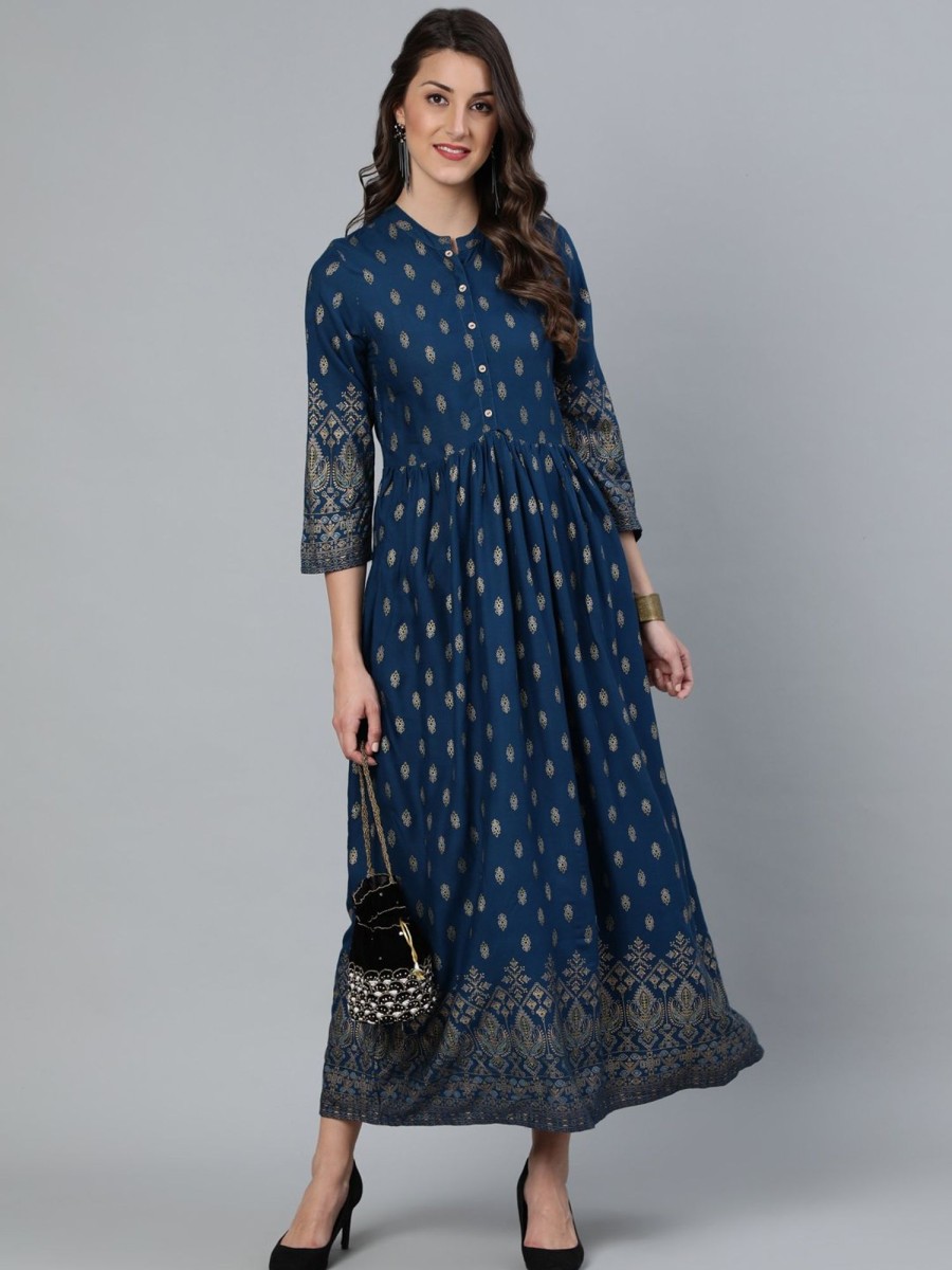 Women Final Clearance Sale | Women'S Teal Blue Printed Maxi Dress With Three Quarter Sleeves - Final Clearance Sale