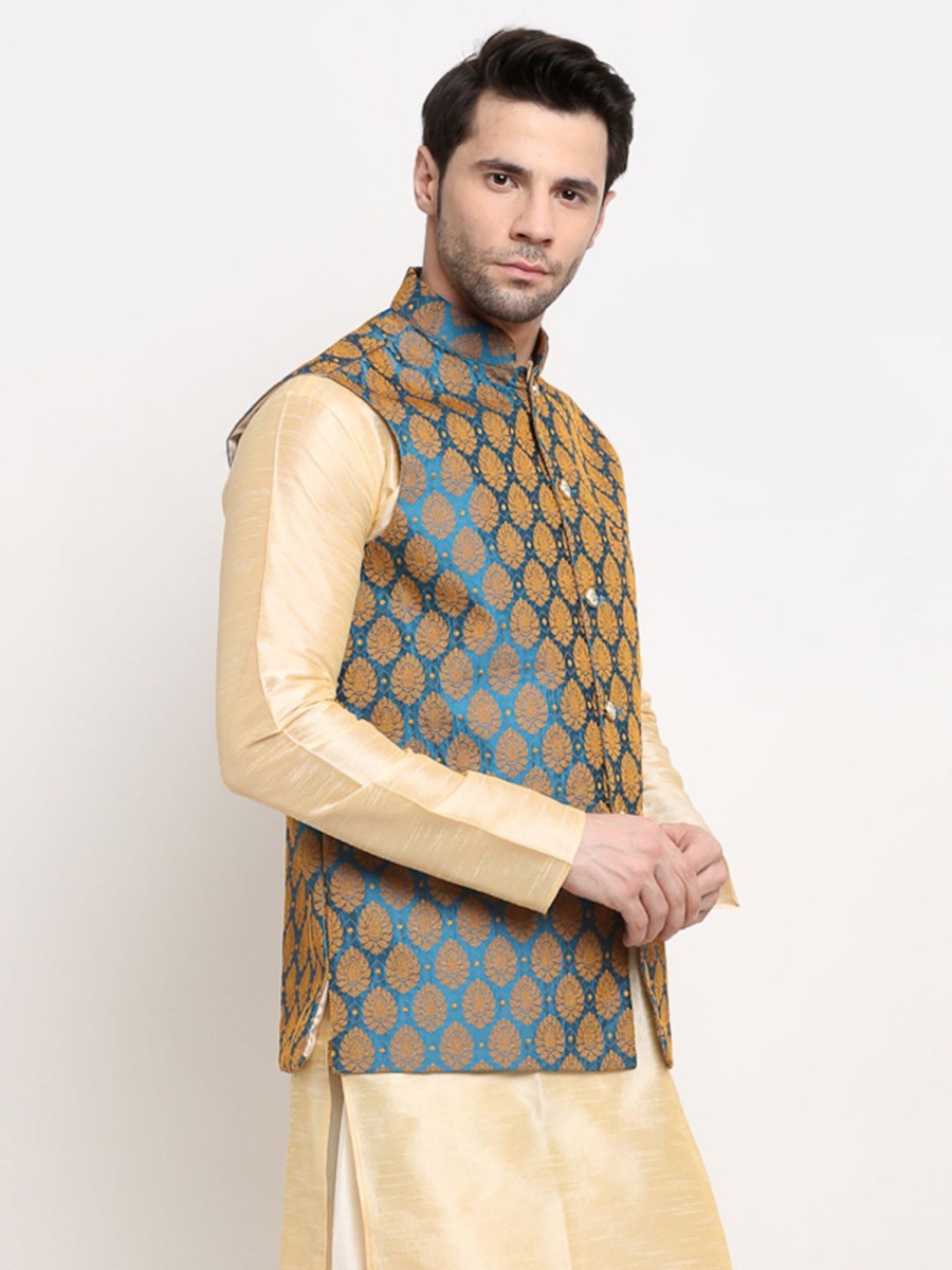 Men Virat Fashions | Men'S Blue Self-Designed Blue Waistcoat ( Jowc 4026Blue ) - Virat Fashions