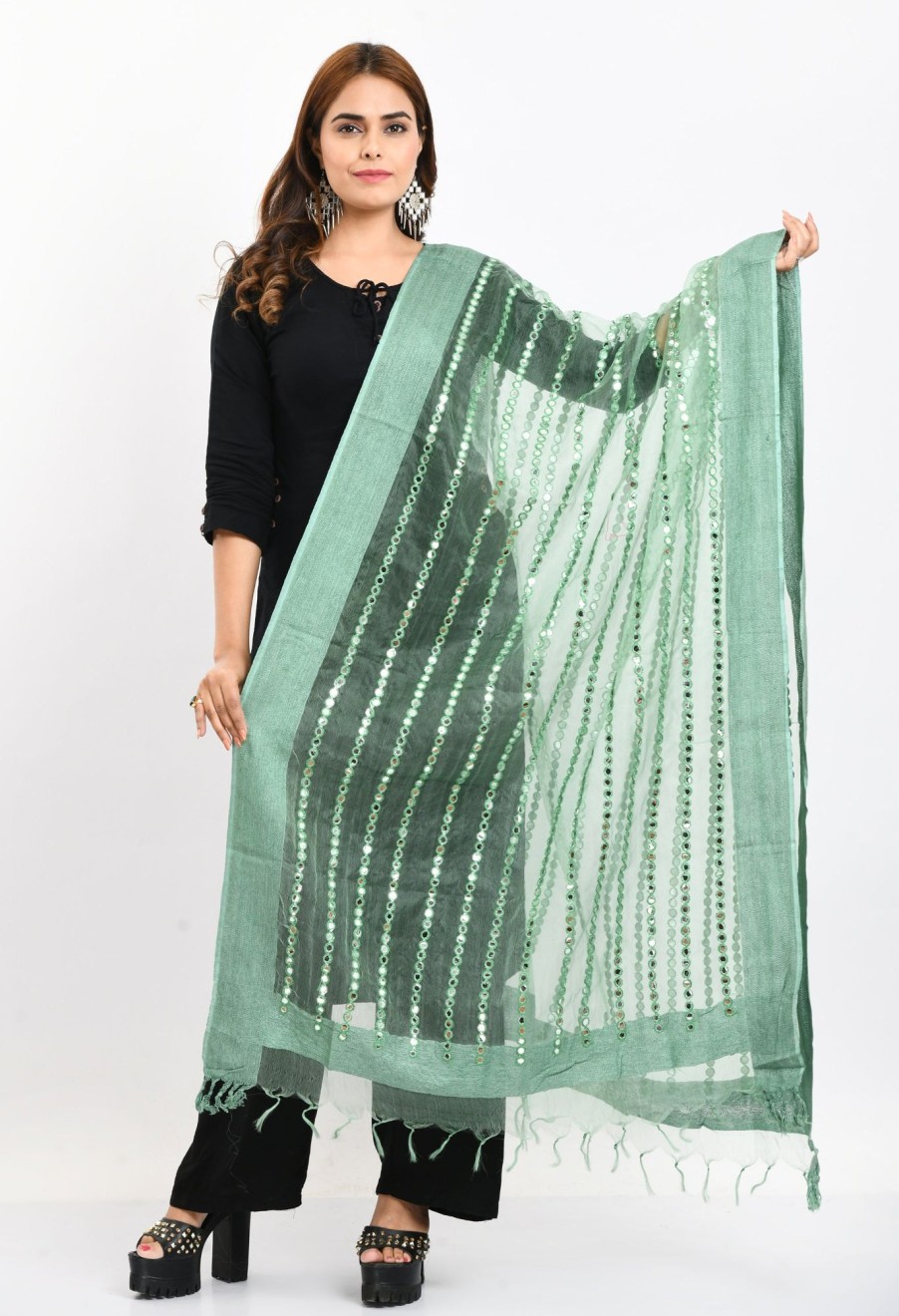 Women Moeza | Women'S Orgenza Mirror Stripe Thread Work Pista Dupatta - Moeza Green