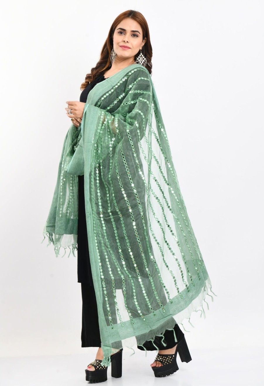 Women Moeza | Women'S Orgenza Mirror Stripe Thread Work Pista Dupatta - Moeza Green