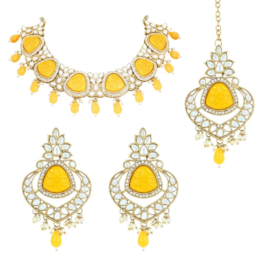 Jewellery I Jewels | Women'S 18K Gold Plated Traditional Pearl Kundan U0026 Stone Studded Jewellery Necklace Set With Maang Tikka - I Jewels Yellow