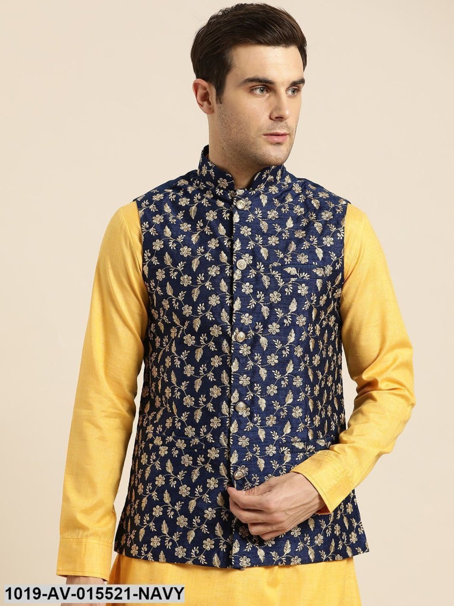 Men Sojanya | Men'S Silk Blend Navy Blue U0026 Gold Embroidered Nehru Jacket - Sojanya