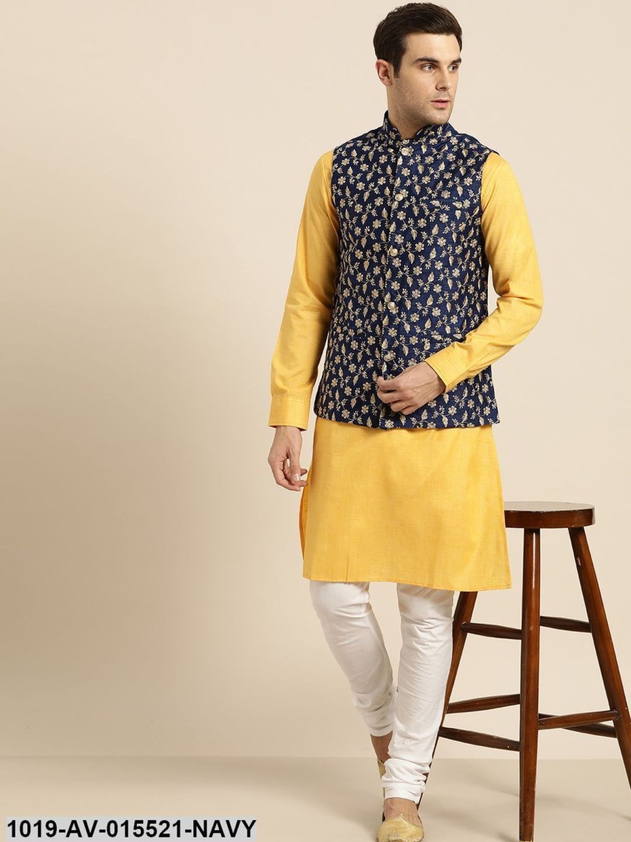 Men Sojanya | Men'S Silk Blend Navy Blue U0026 Gold Embroidered Nehru Jacket - Sojanya