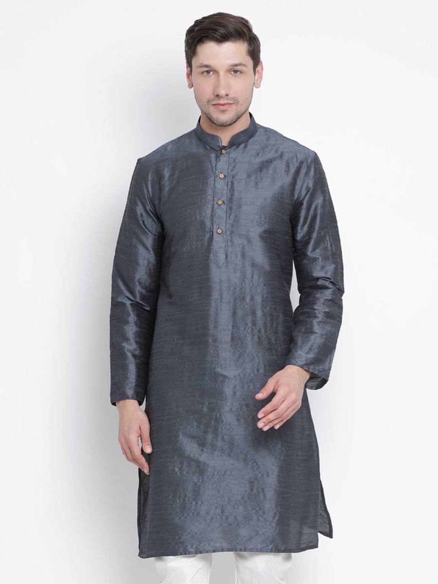 Men Vastramay | Men'S Grey Cotton Silk Blend Kurta - Vastramay