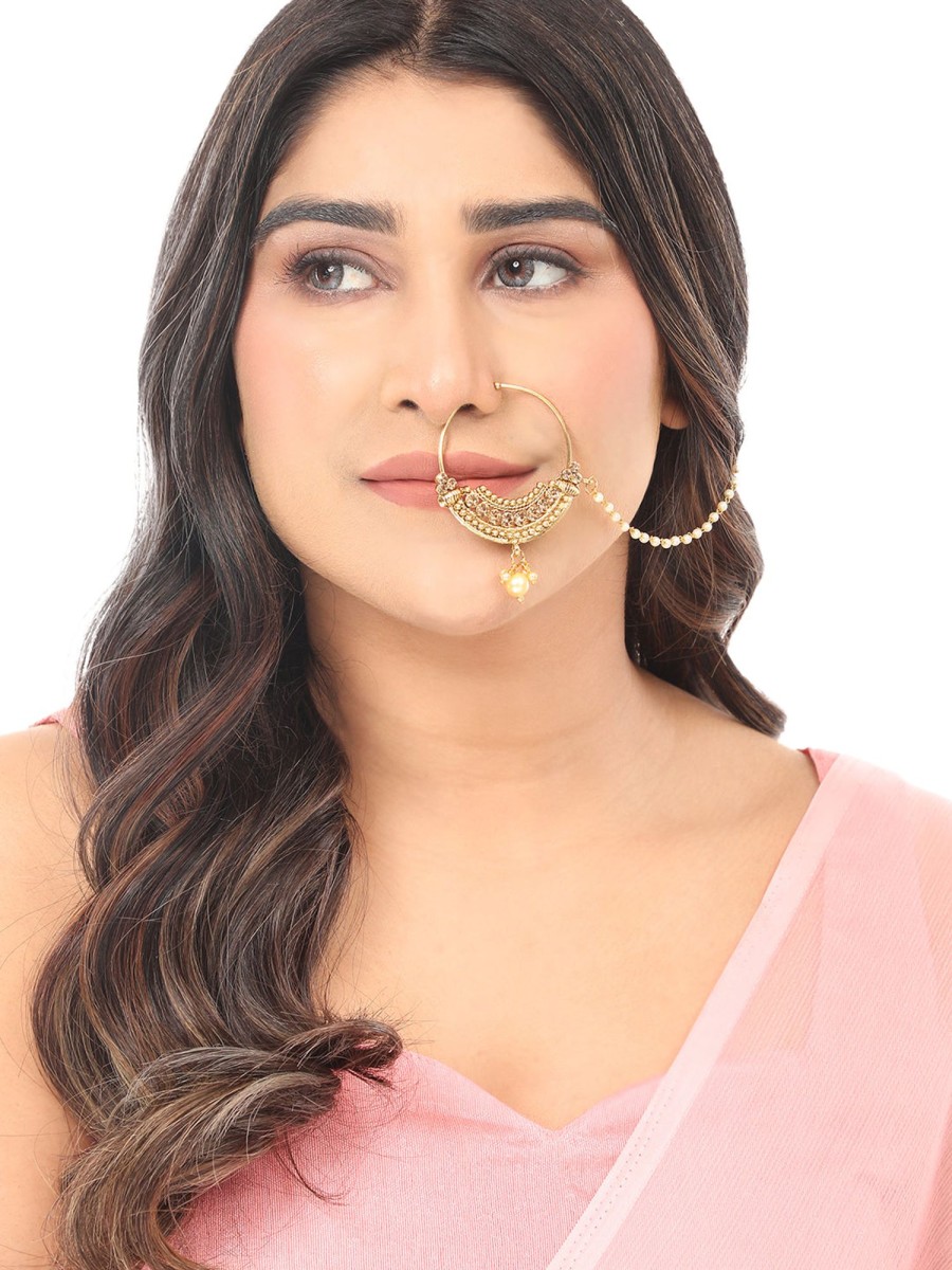 Jewellery Anikas Creation | Nath Traditional Plated Kundan Nose Ring By Anikas Creation Gold