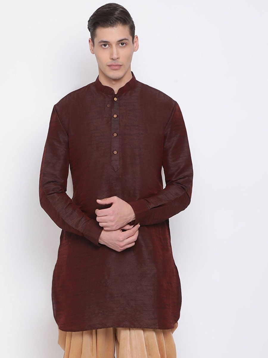 Men Vastramay | Men'S Burgundy Silk Blend Pathani Style Kurta - Vastramay