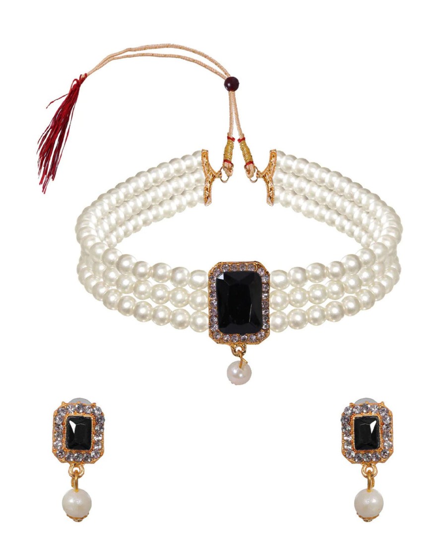 Jewellery Zaffre Collections | Women'S Attractive White Pearls With Stone Choker - Zaffre Collections Black