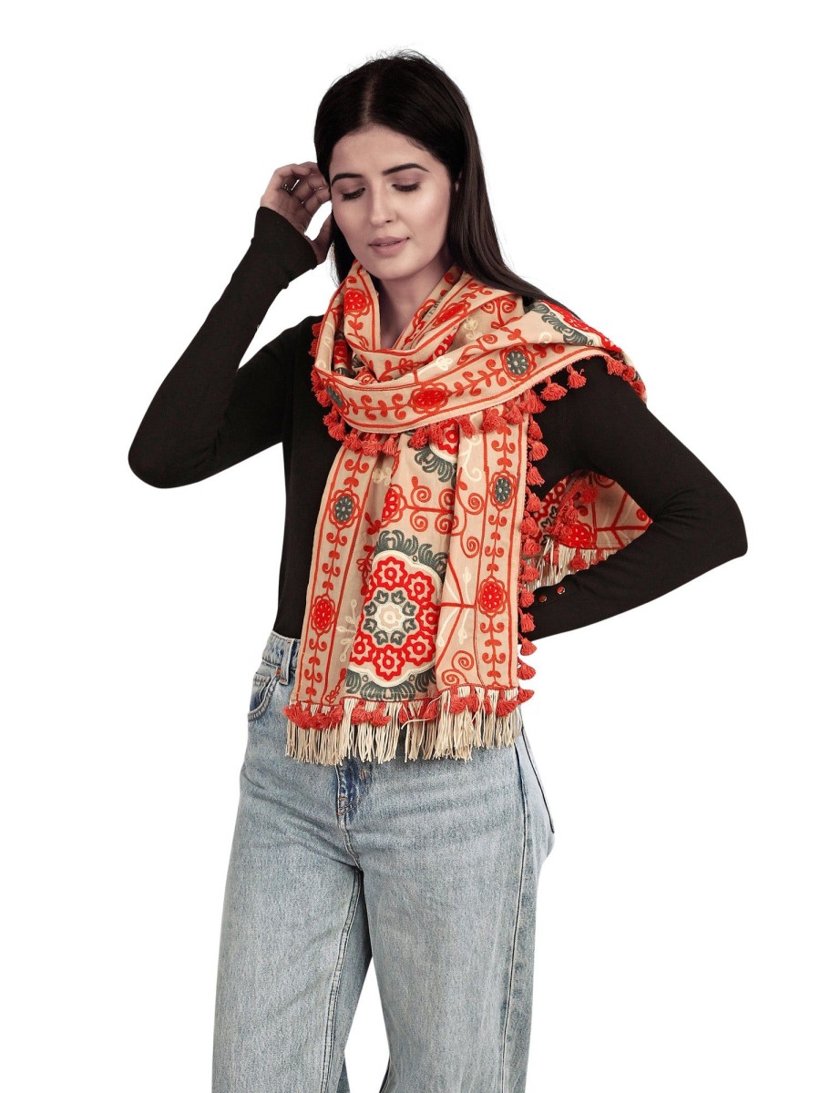 Women MESMORA FASHION | Women'S Beige Woollen Embroidered Khadi Muffler With African Motifs - Mesmora Fashion