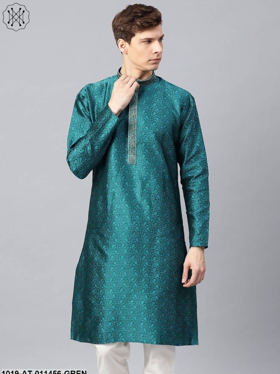 Men Sojanya | Men'S Silk Blend Teal Green Self Design Only Long Kurta - Sojanya