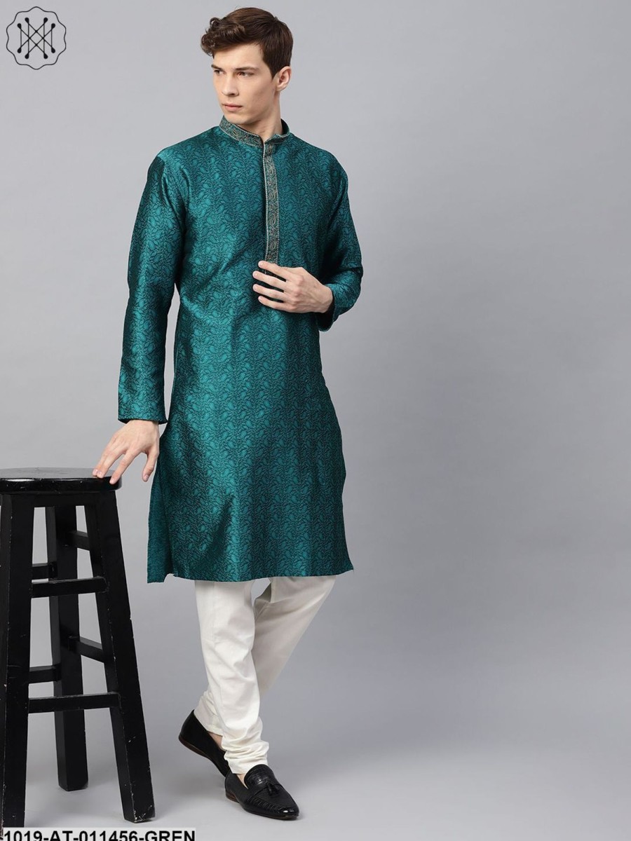 Men Sojanya | Men'S Silk Blend Teal Green Self Design Only Long Kurta - Sojanya