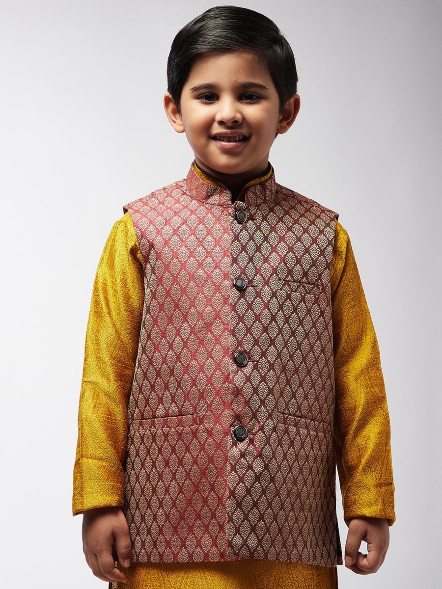 Men Sojanya KID | Kid'S Jacquard Silk Maroon Self Design Only Nehrujacket - Sojanya Kid Maroon & Gold