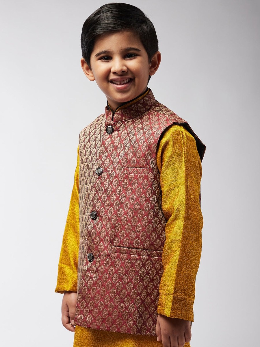 Men Sojanya KID | Kid'S Jacquard Silk Maroon Self Design Only Nehrujacket - Sojanya Kid Maroon & Gold