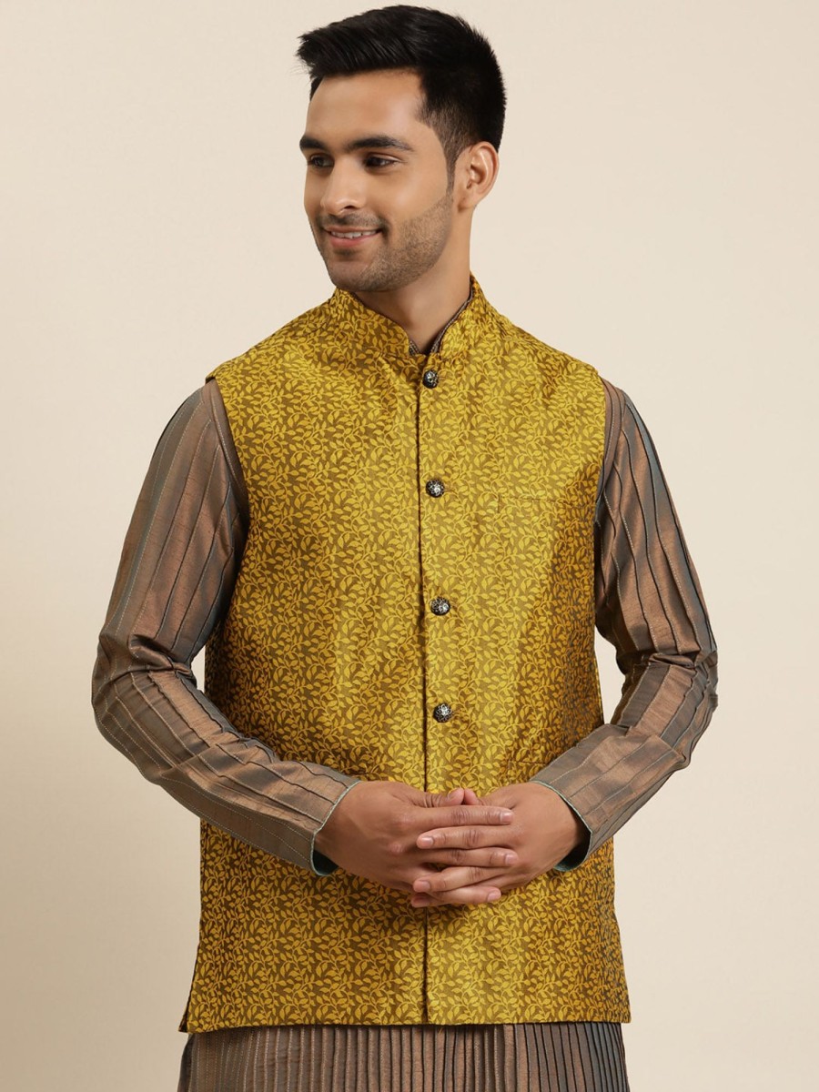 Men Sojanya | Men'S Jacquard Silk Self Design Only Nehrujacket - Sojanya Mustard