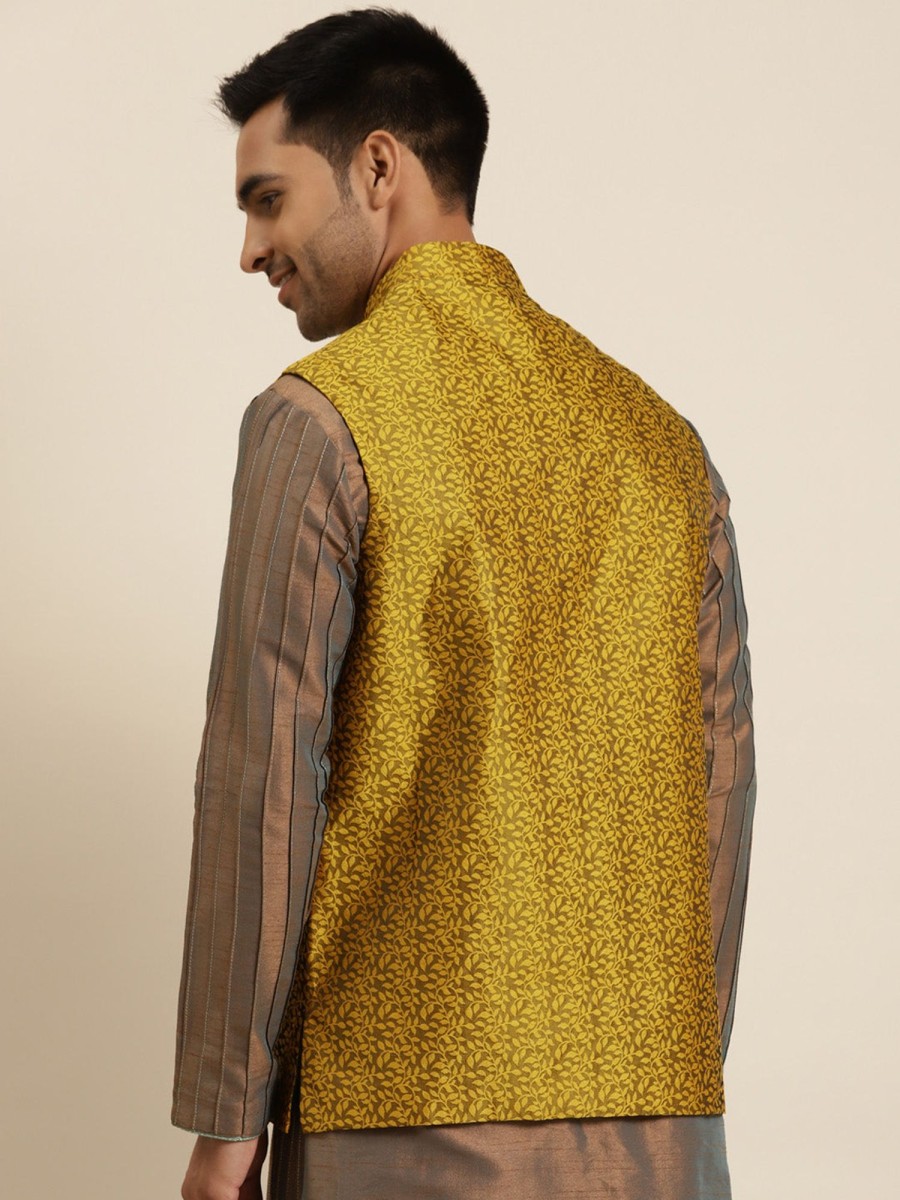 Men Sojanya | Men'S Jacquard Silk Self Design Only Nehrujacket - Sojanya Mustard