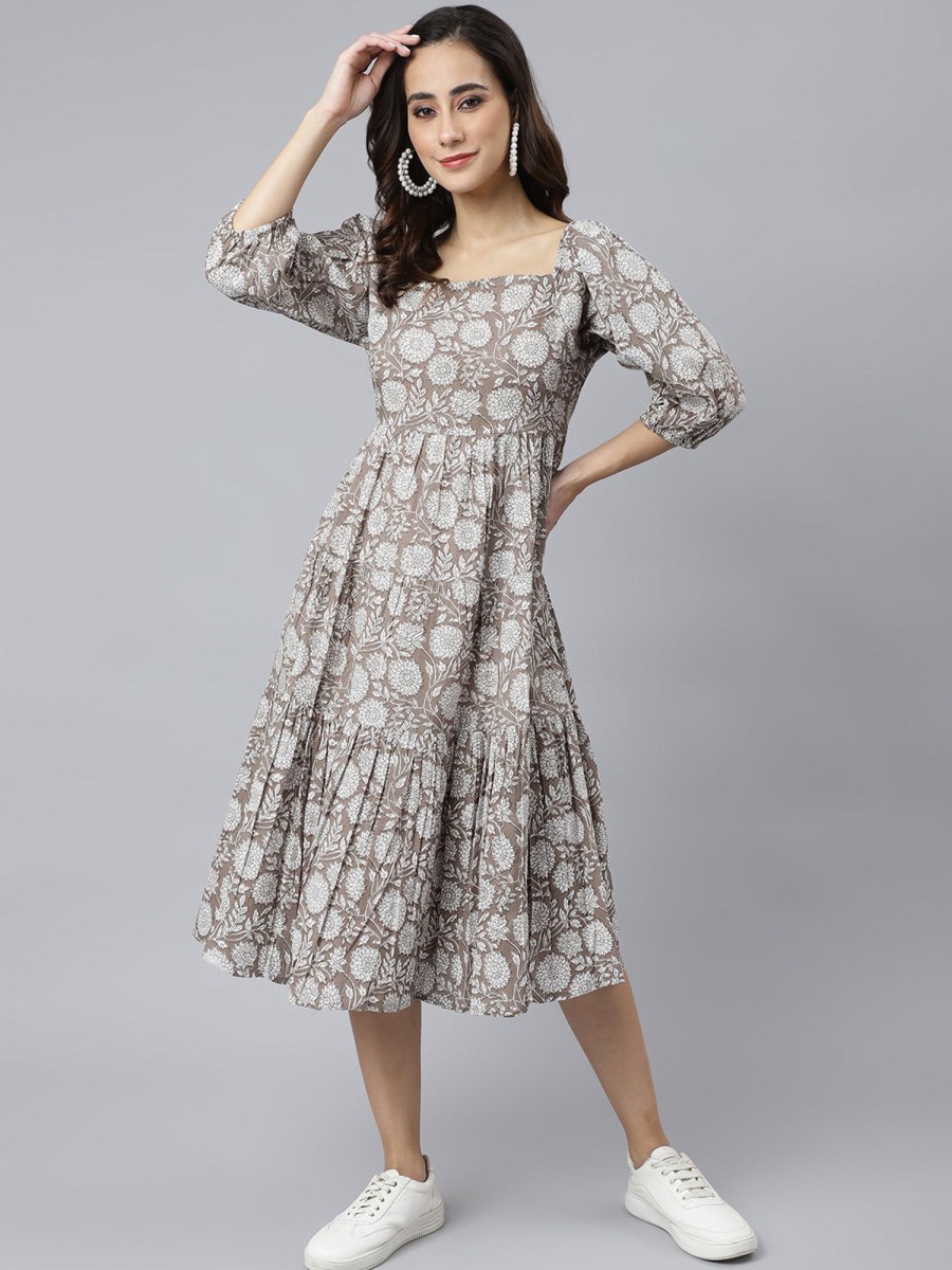 Women Janasya USA | Women'S Floral Printed Cotton Dress - Janasya Usa Grey