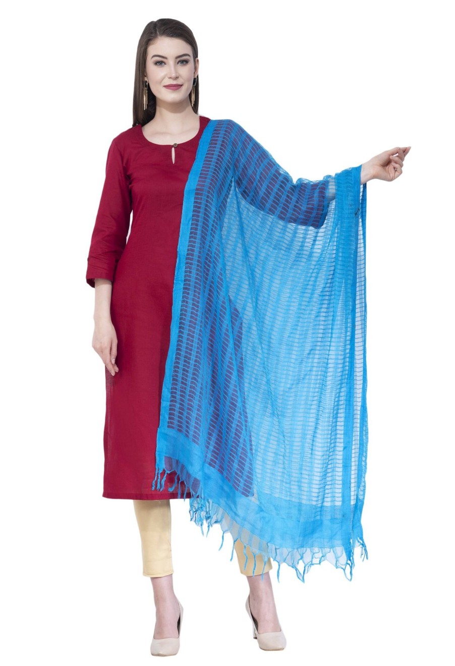 Women AR Silks | A R Silk Women'S Self Check Cota Cotton Dupattas And Chunnis Firozi