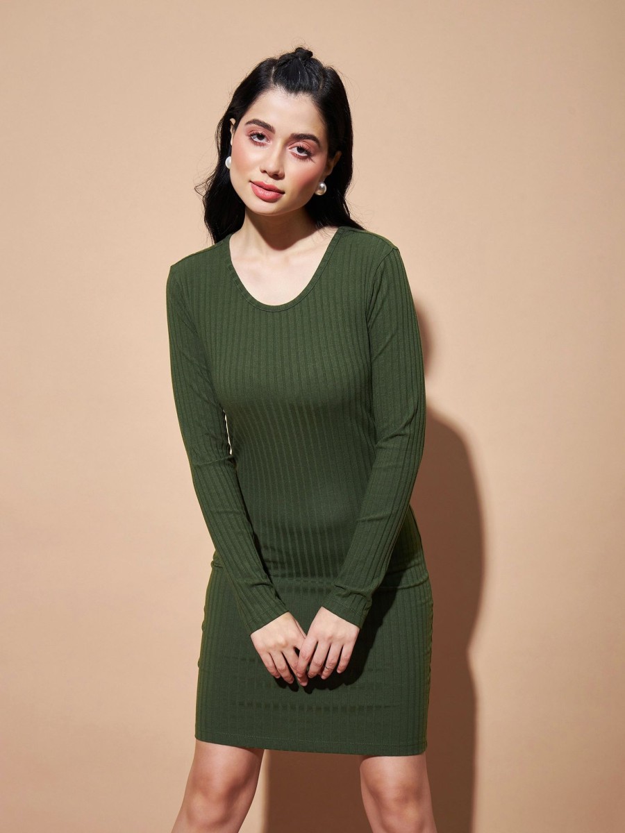 Women Lyush | Women'S Olive Basic Bodycon Rib Dress - Lyush