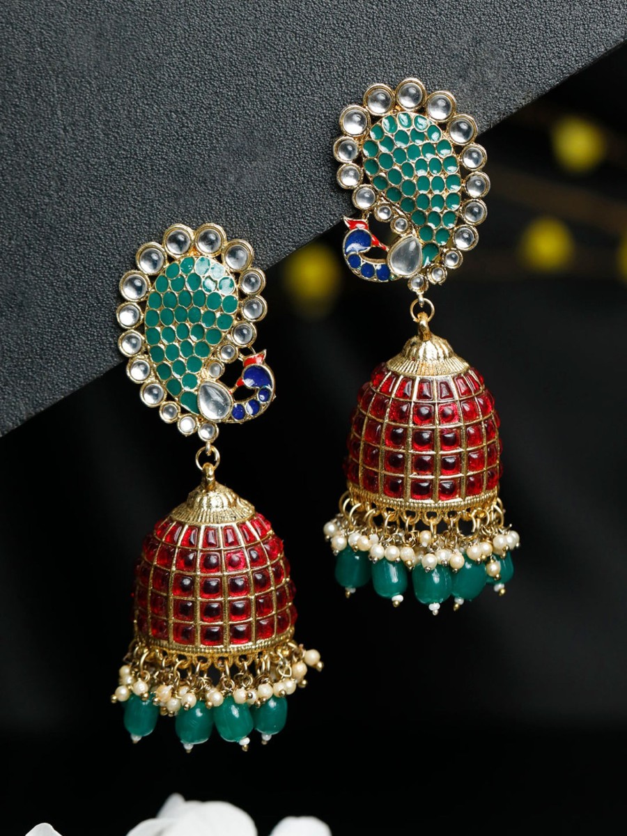 Jewellery Priyaasi | Women'S Traditional Ruby U0026 Emerald Peacock Oversized Jhumkas- Priyaasi