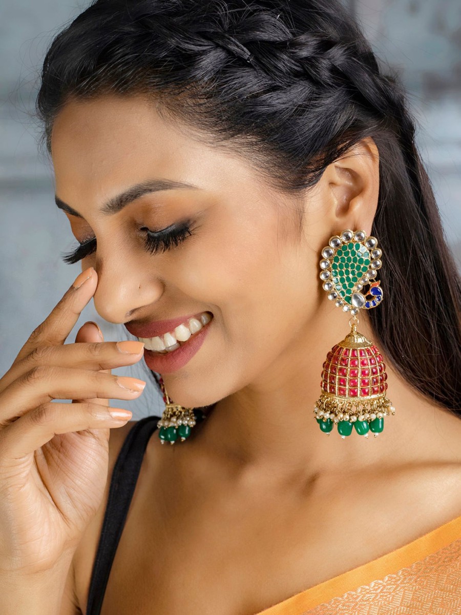 Jewellery Priyaasi | Women'S Traditional Ruby U0026 Emerald Peacock Oversized Jhumkas- Priyaasi