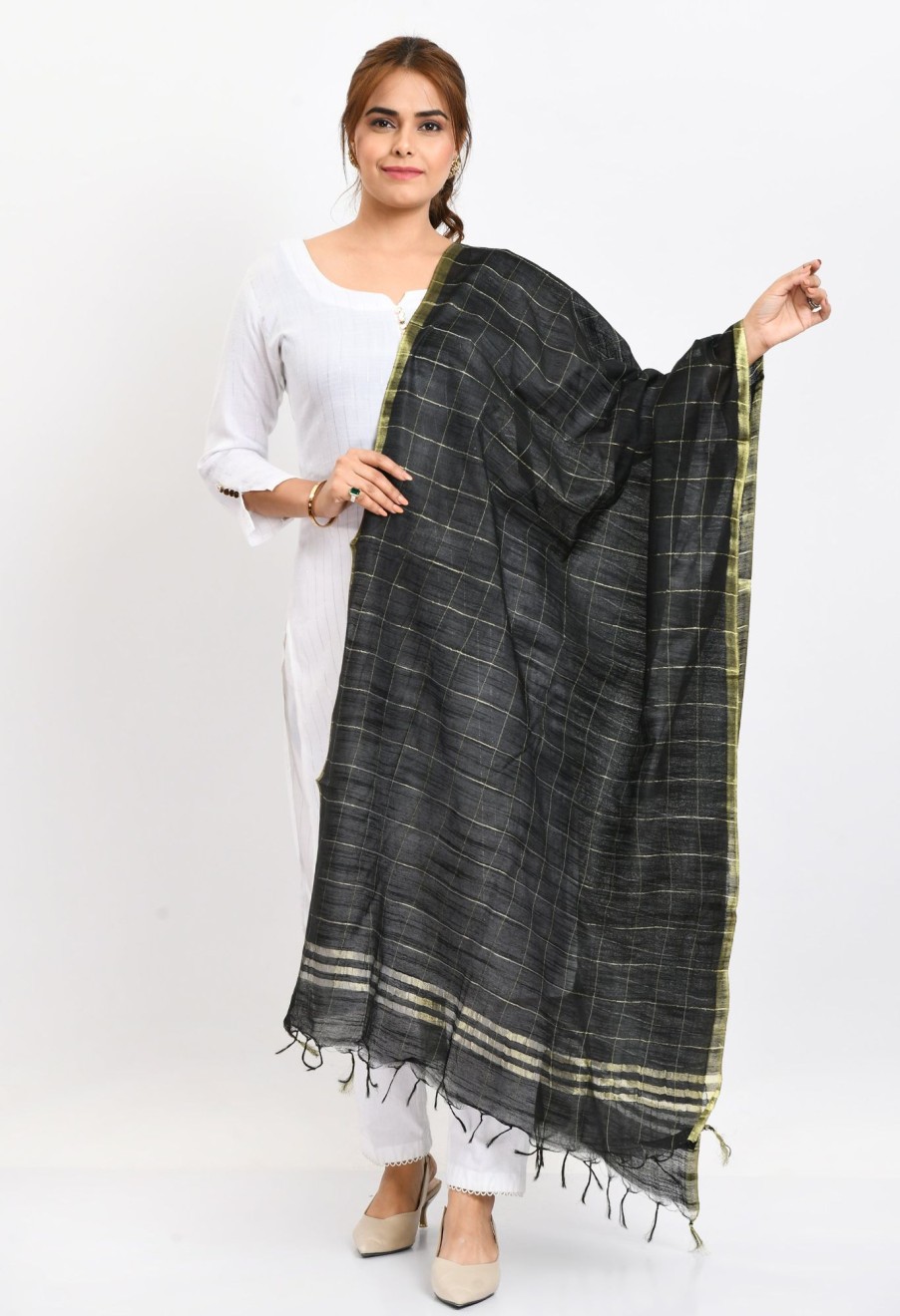 Women Moeza | Women'S Cotton Zari Box Dupatta - Moeza Black