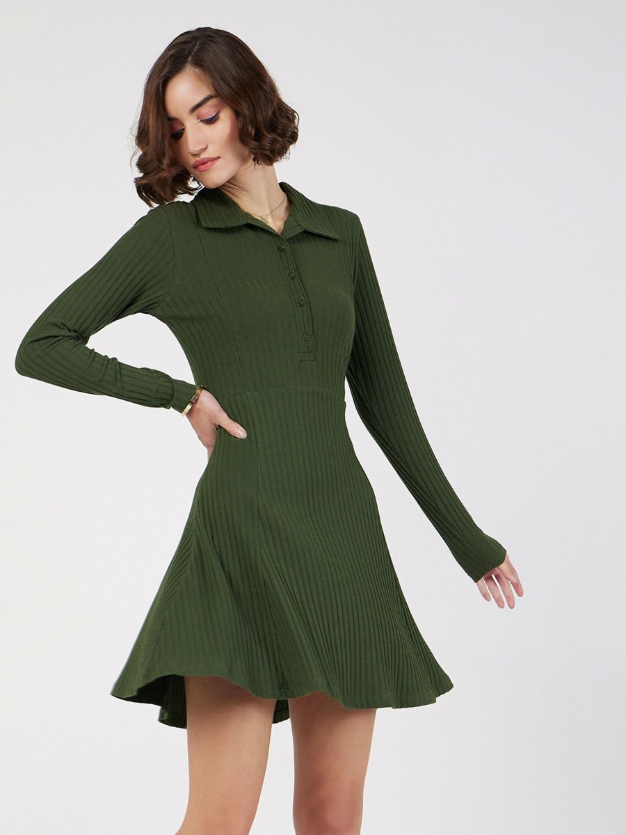 Women Lyush | Women'S Olive Rib Polo Neck Skater Dress - Lyush