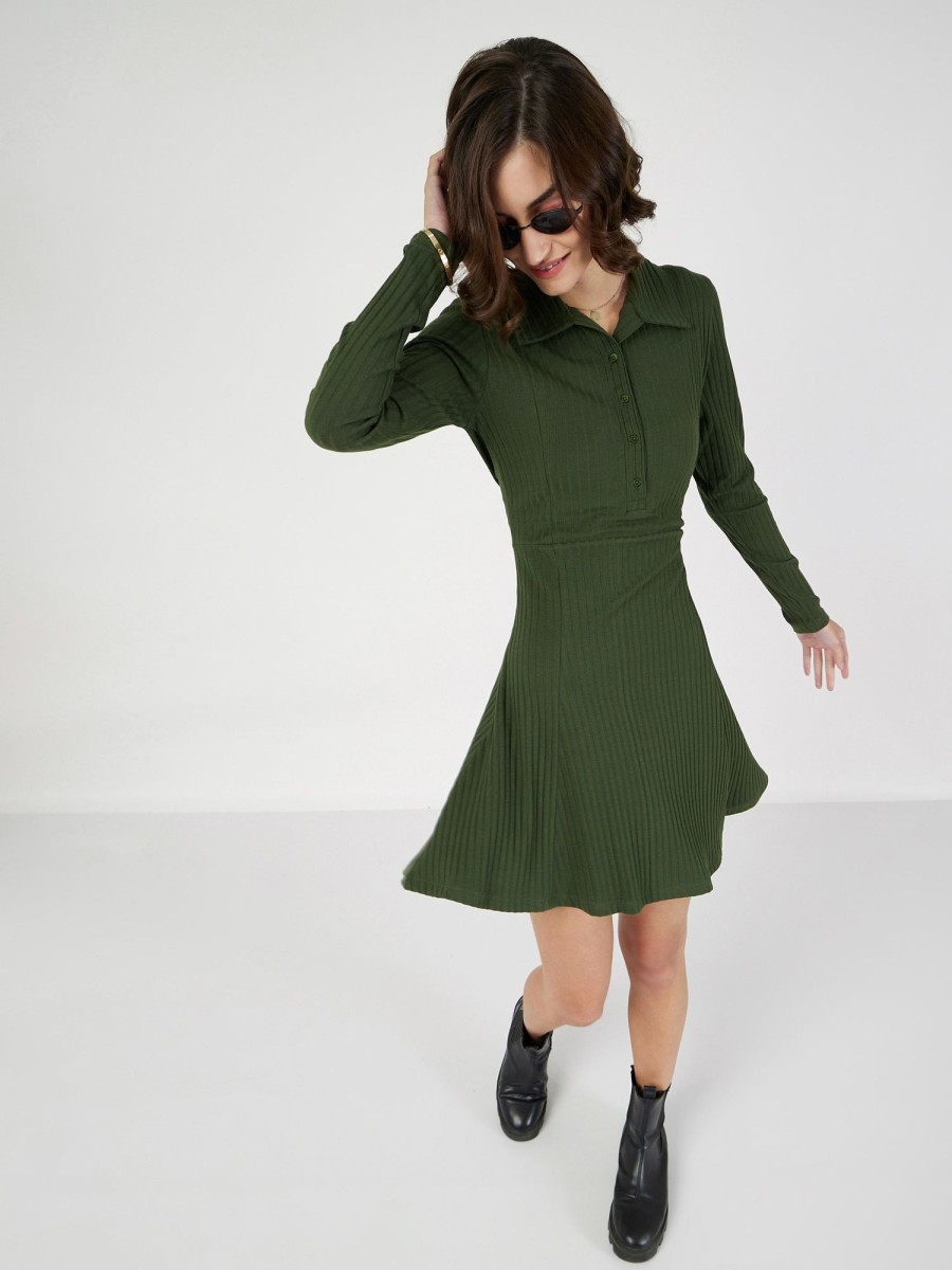 Women Lyush | Women'S Olive Rib Polo Neck Skater Dress - Lyush