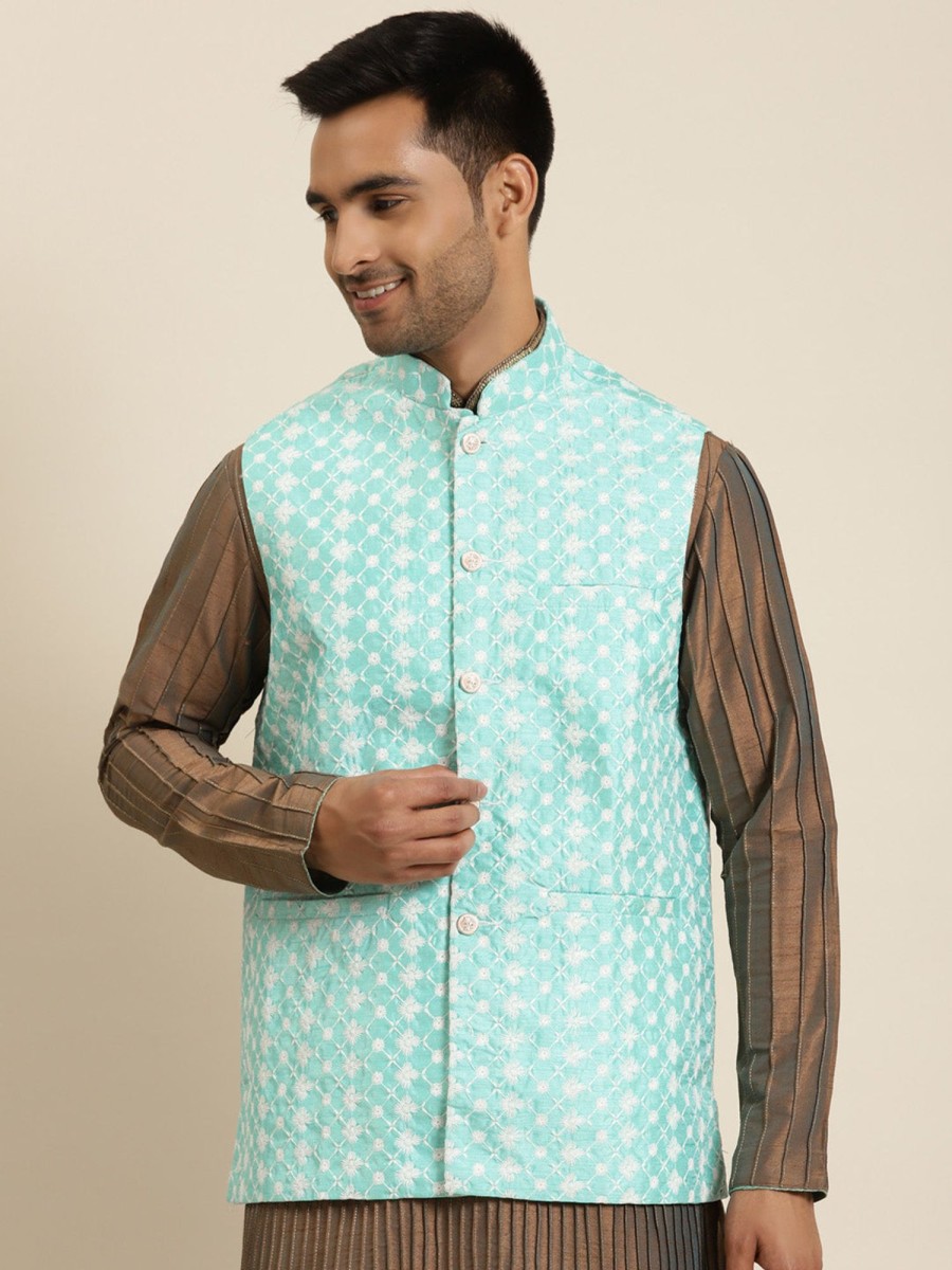 Men Sojanya | Men'S Silk Blend Sea Embroidered Only Nehrujacket - Sojanya Green