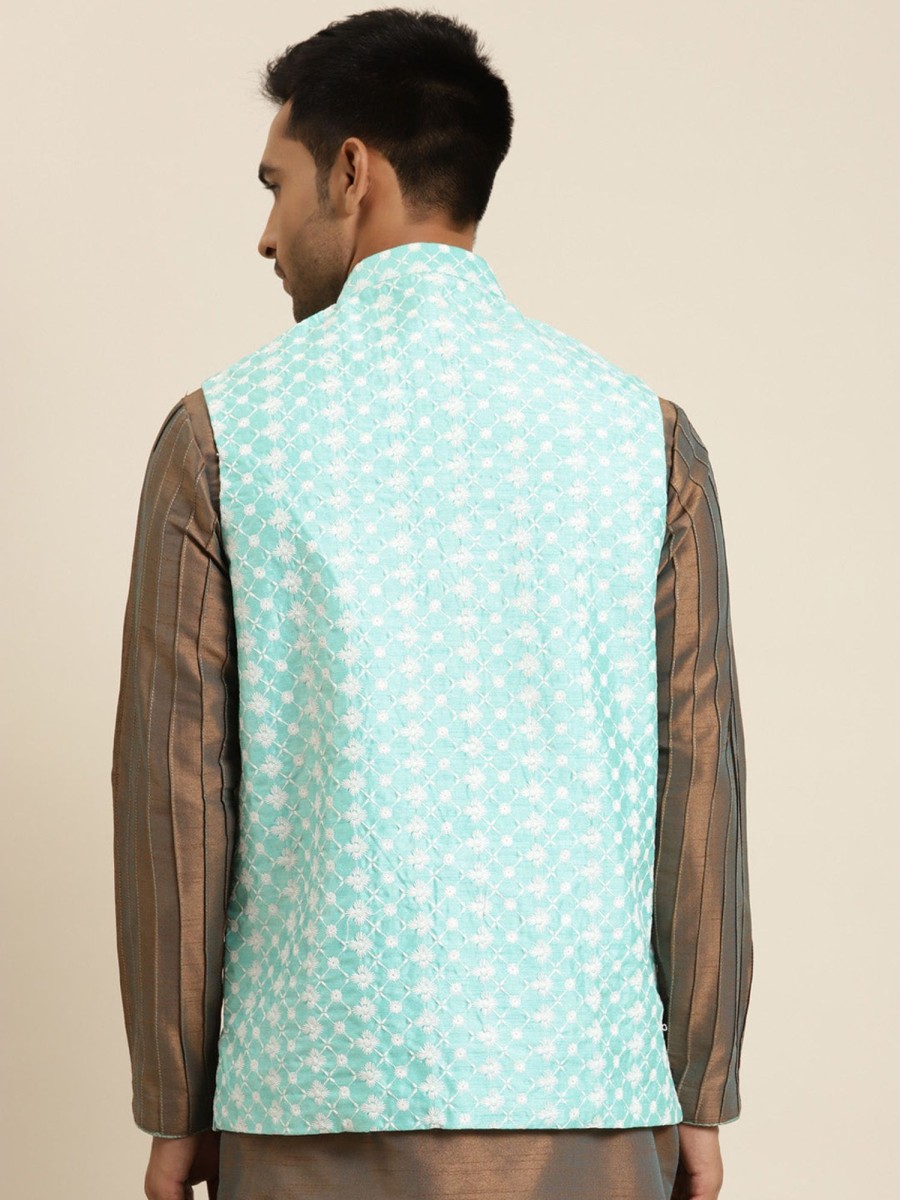 Men Sojanya | Men'S Silk Blend Sea Embroidered Only Nehrujacket - Sojanya Green