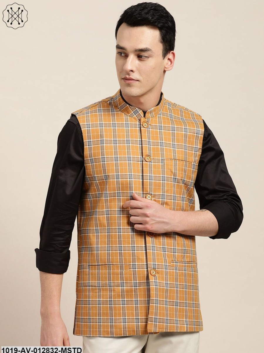 Men Sojanya | Men'S Cotton Blend Mustard U0026 Brown Checked Nehru Jacket - Sojanya