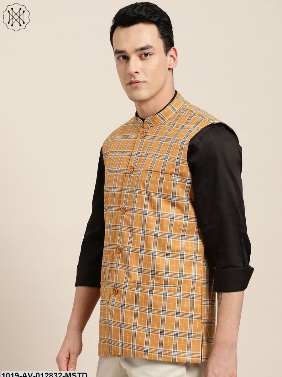 Men Sojanya | Men'S Cotton Blend Mustard U0026 Brown Checked Nehru Jacket - Sojanya