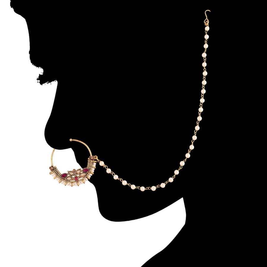 Jewellery I Jewels | Gold Plated Ruby Kundan Nose Ring With Pearl Chain By I Jewels