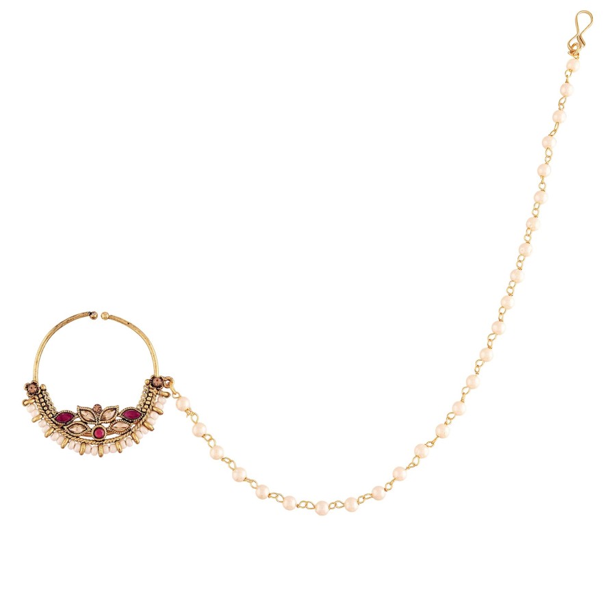 Jewellery I Jewels | Gold Plated Ruby Kundan Nose Ring With Pearl Chain By I Jewels