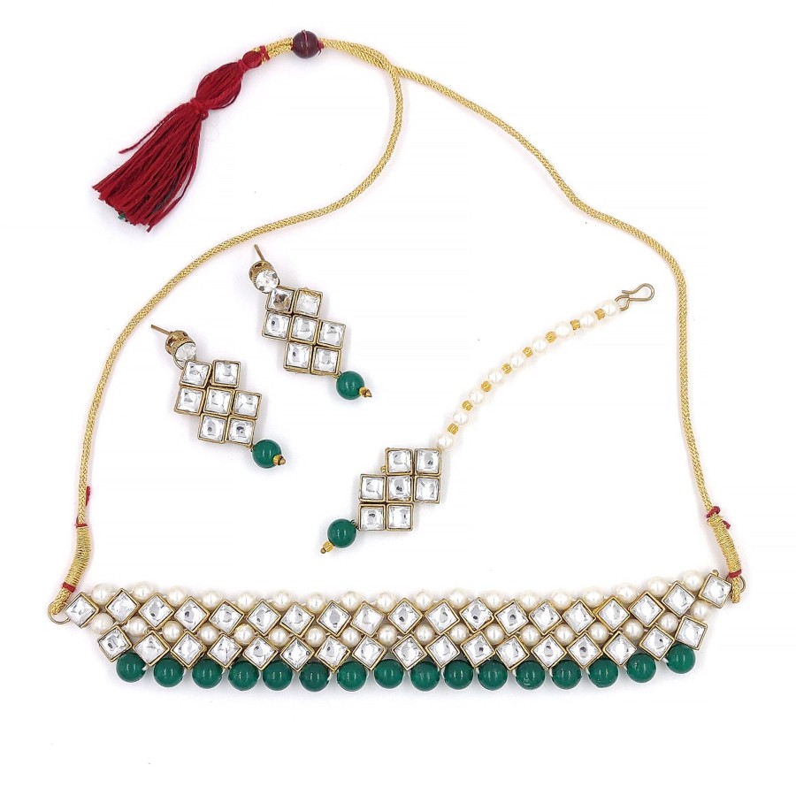 Jewellery Zaffre Collections | Women'S Stylish Kundan And Dark Beads Choker Set - Zaffre Collections Green