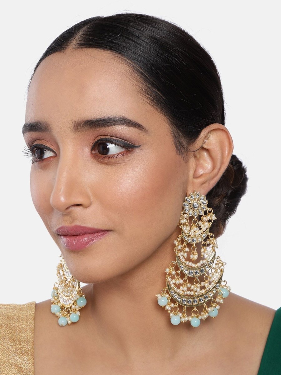 Jewellery I Jewels | Women'S Gold Plated 3 Layered Beaded Chandbali Earrings With Kundan And Pearl Work - I Jewels Turquoise