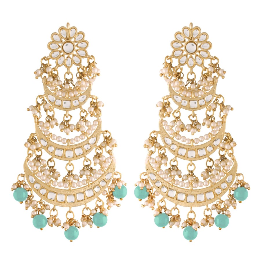 Jewellery I Jewels | Women'S Gold Plated 3 Layered Beaded Chandbali Earrings With Kundan And Pearl Work - I Jewels Turquoise