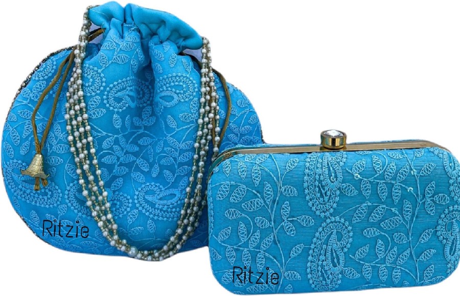 Others Ritzie | Women'S Chicken Kari Embroidery Boxclutch With Potli Skyblue - Ritzie