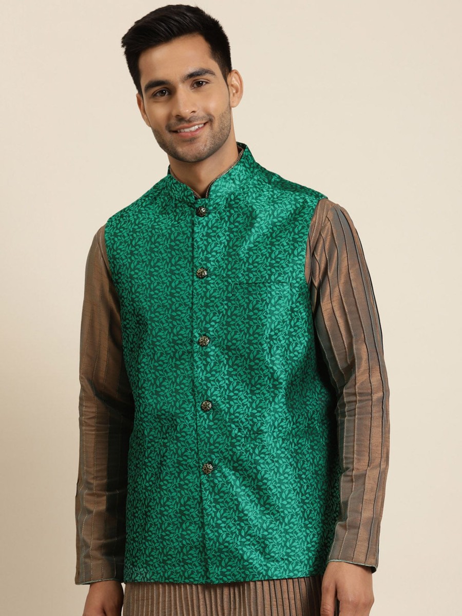 Men Sojanya | Men'S Jacquard Silk Dark Self Design Only Nehrujacket - Sojanya Green