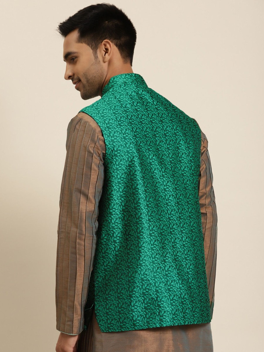 Men Sojanya | Men'S Jacquard Silk Dark Self Design Only Nehrujacket - Sojanya Green