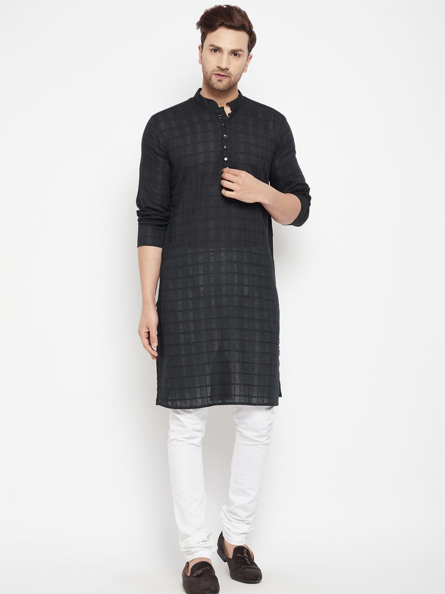 Men Even Apparels | Men'S Black Color Long Kurta With Band Collar - Even Apparels