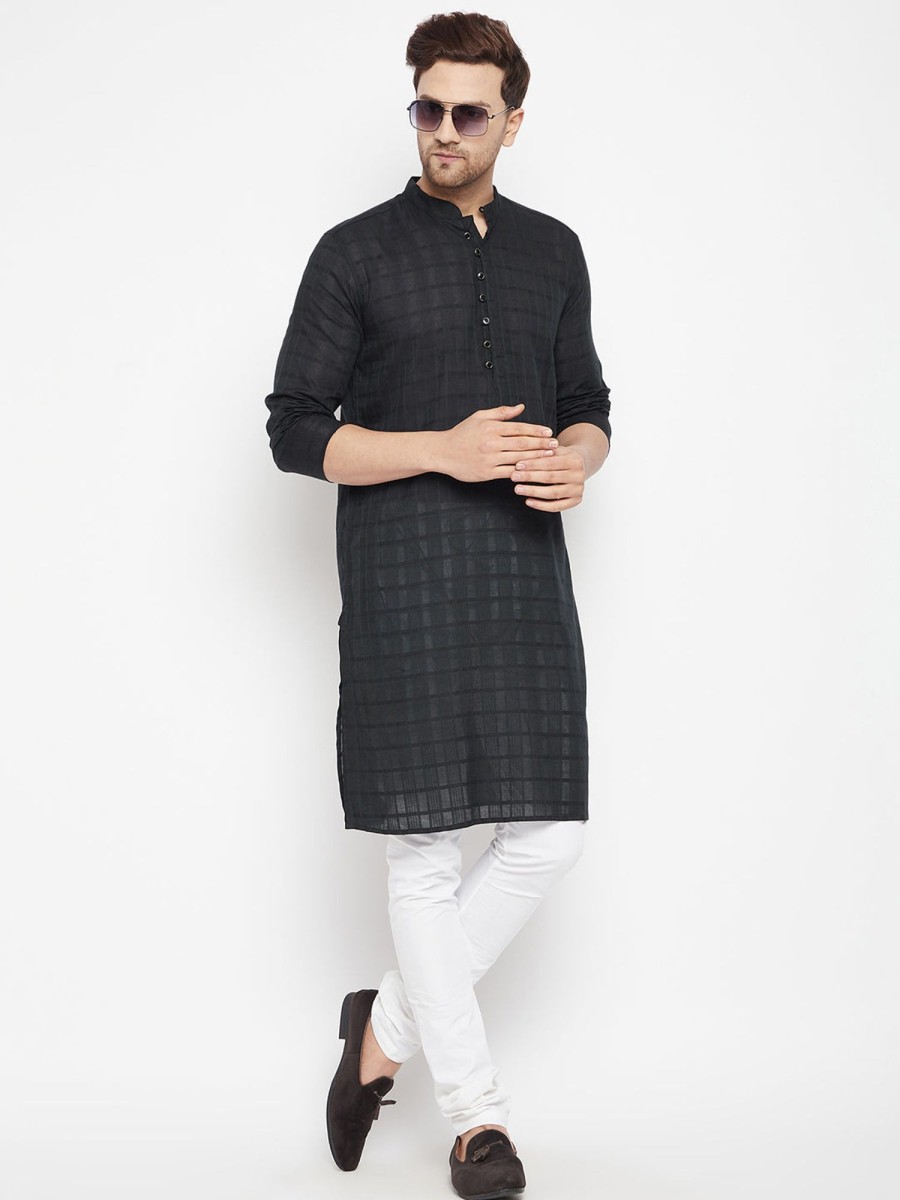 Men Even Apparels | Men'S Black Color Long Kurta With Band Collar - Even Apparels