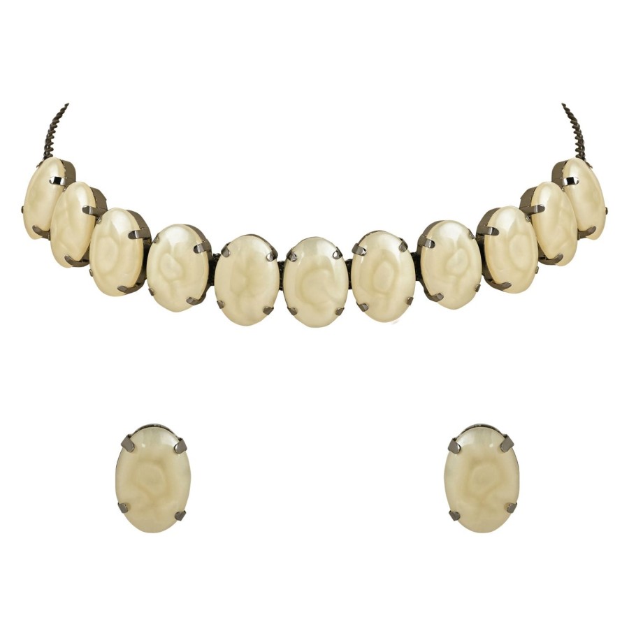 Jewellery I Jewels | Women'S Glamorous Fashionable Eye-Catching Beaded Choker And Earrings Set - I Jewels Cream