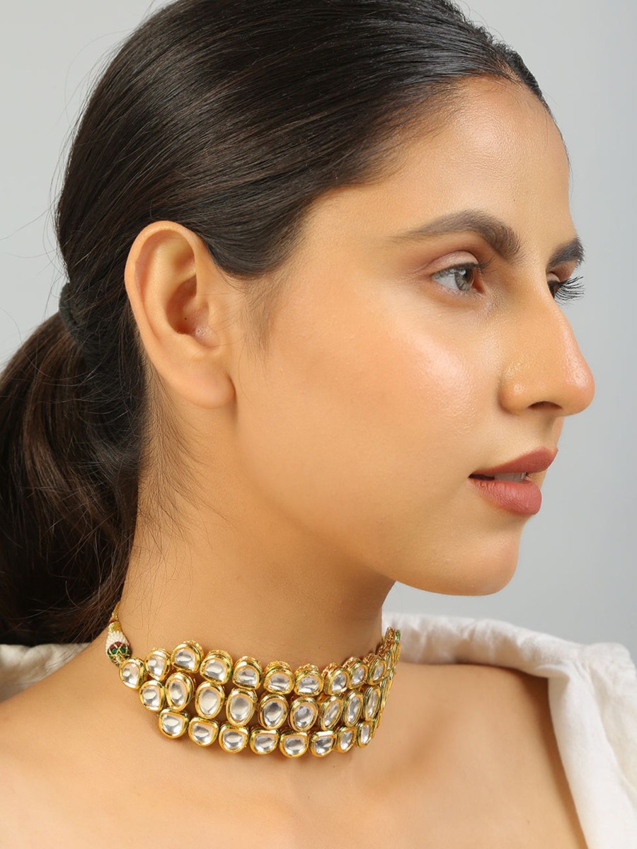 Jewellery Femizen | Women'S Gold Toned Handcrafted Kundan Choker - Femizen Golden