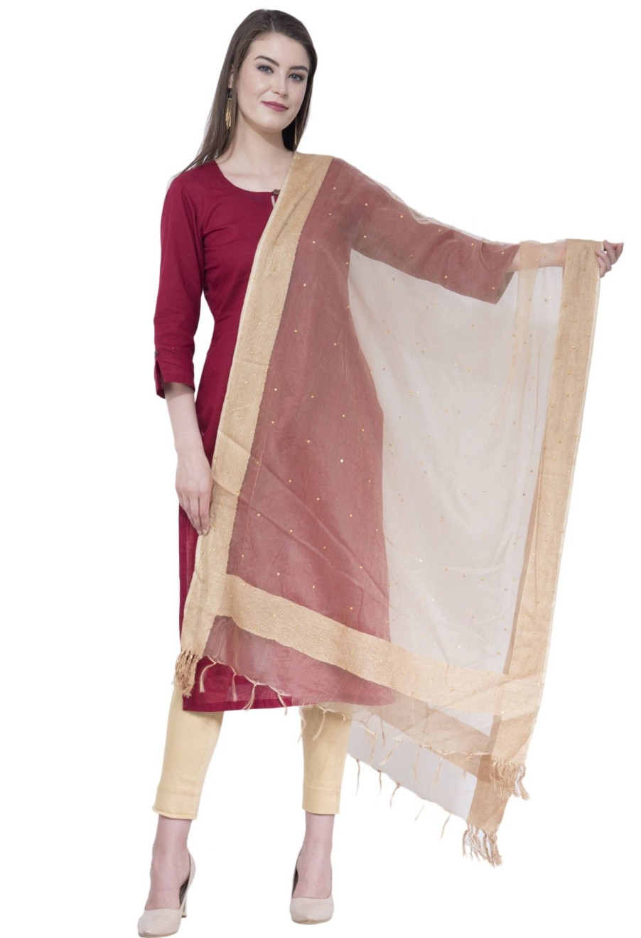 Women AR Silks | A R Silk Women'S Stone Work Orgenza Cotton Dupattas And Chunnis Golden