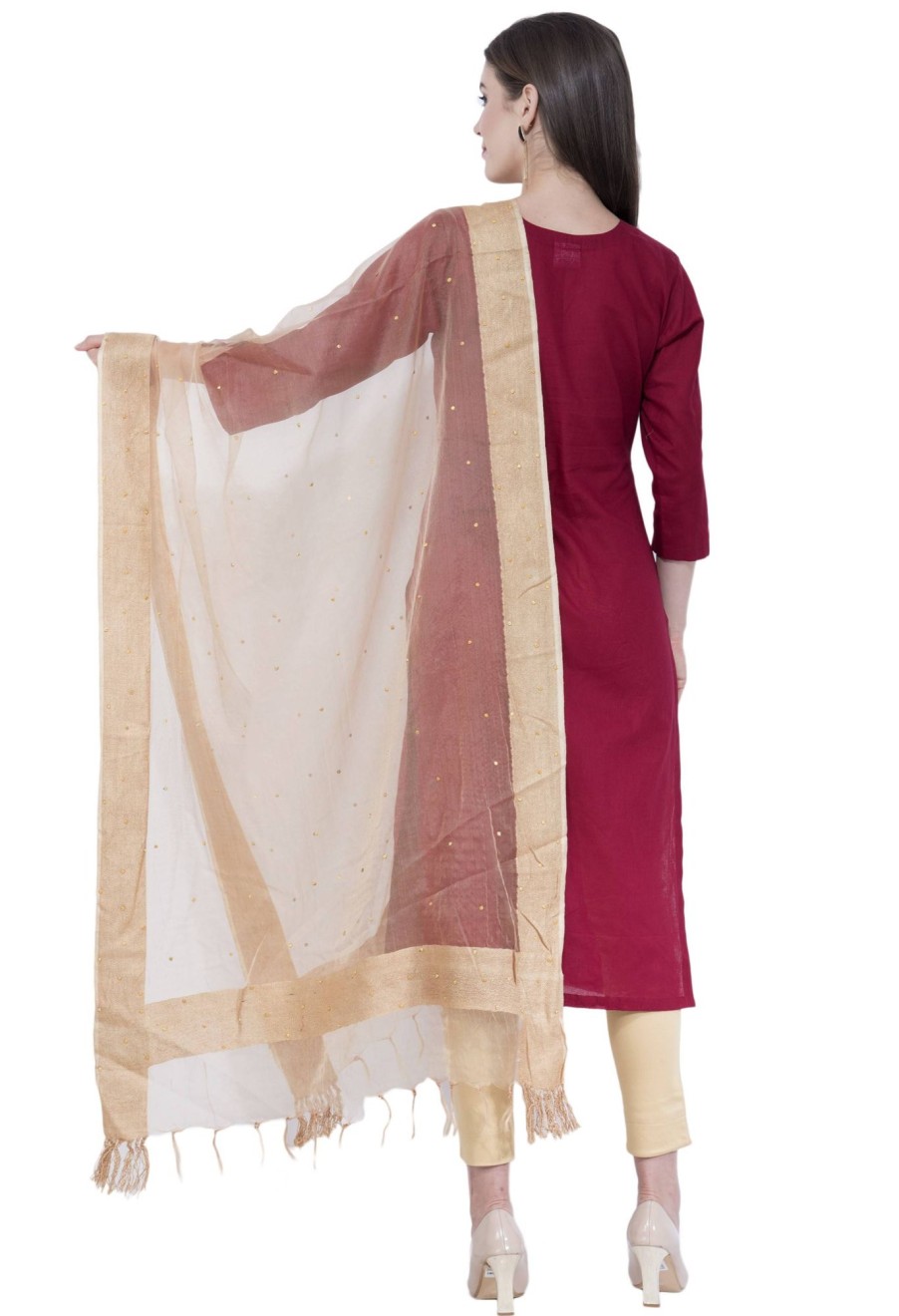 Women AR Silks | A R Silk Women'S Stone Work Orgenza Cotton Dupattas And Chunnis Golden