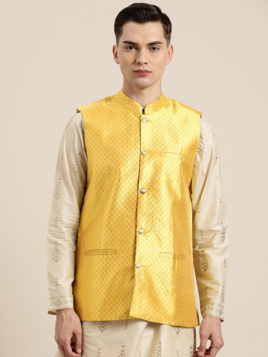 Men Sojanya | Men'S Silk Blend U0026 Gold Self Design Only Nehrujacket - Sojanya Yellow