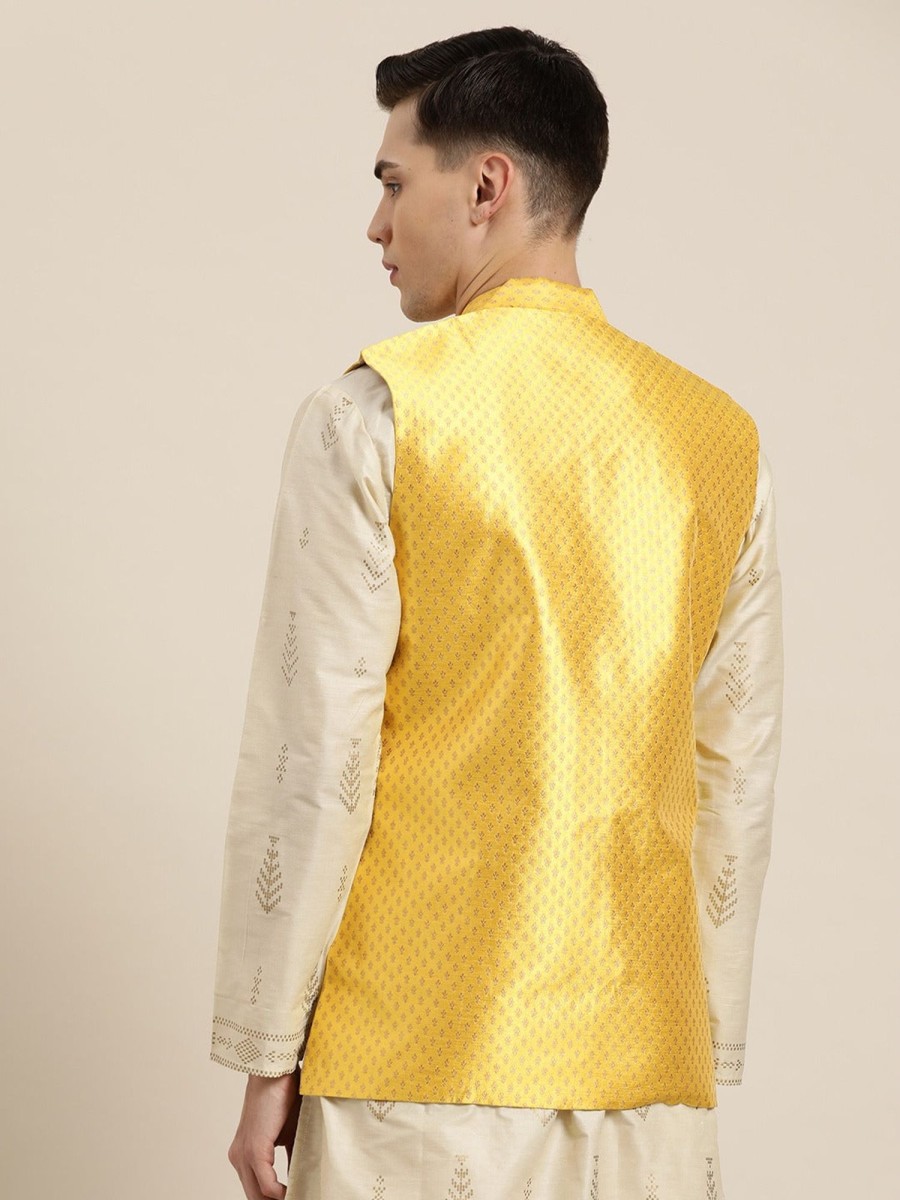 Men Sojanya | Men'S Silk Blend U0026 Gold Self Design Only Nehrujacket - Sojanya Yellow