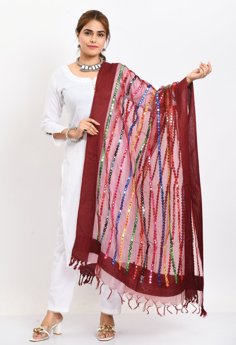 Women Moeza | Women'S Orgenza Multi Thread Mirror Work Dupatta - Moeza Maroon