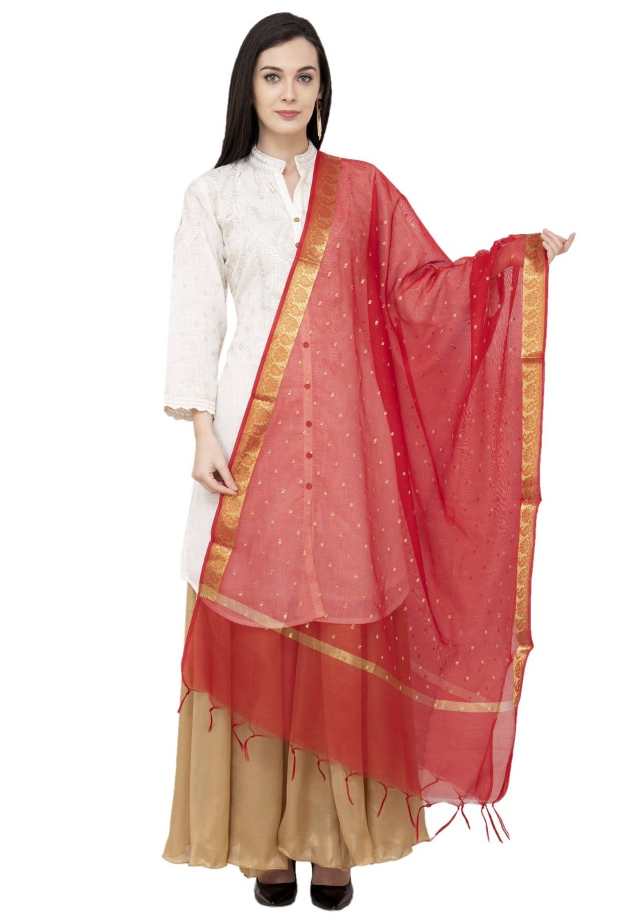 Women AR Silks | A R Silk Vns Border Buti Fancy Dupatta Color Dupatta Or Chunni Red